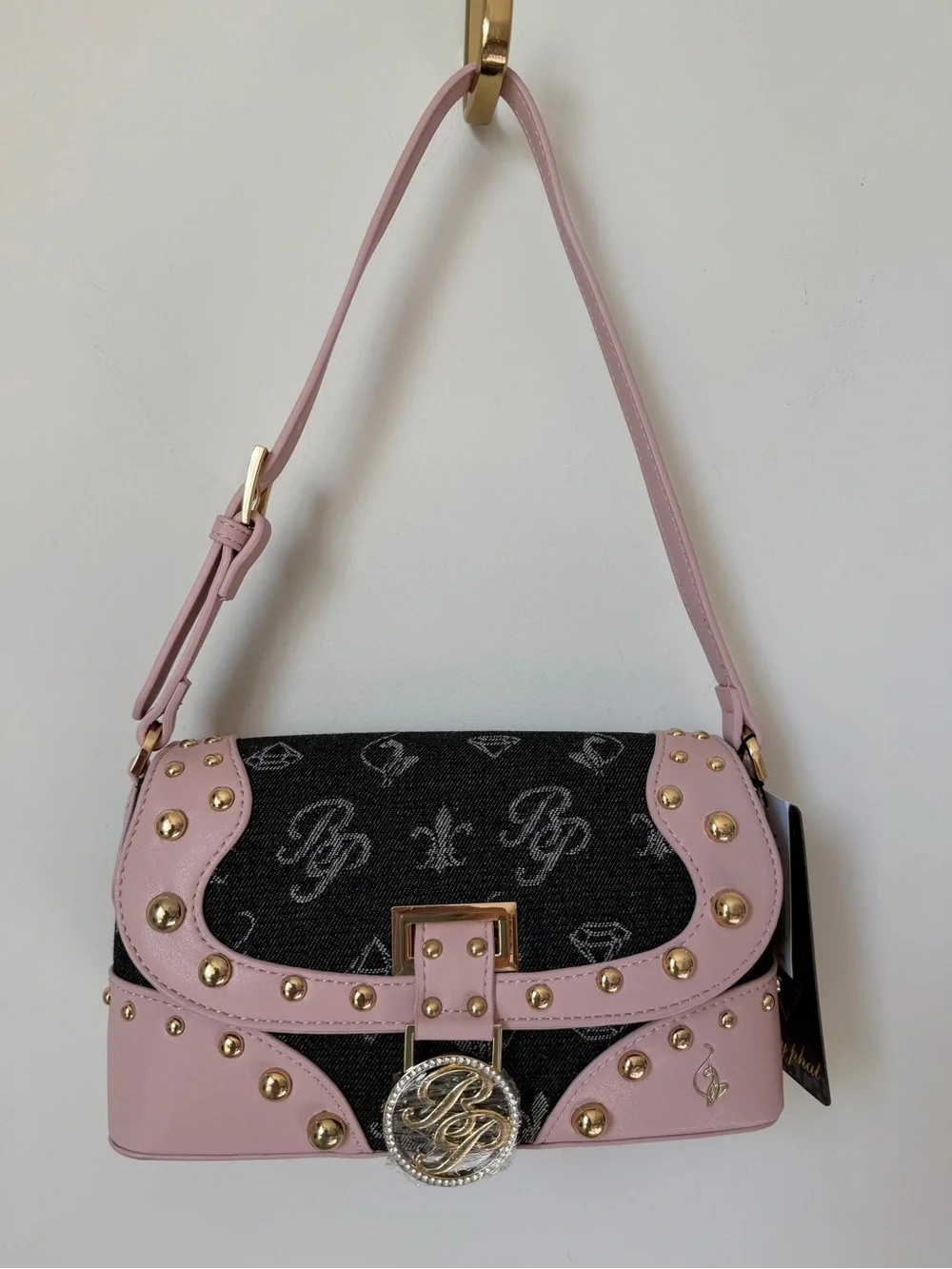 Baby Phat Pink and Black denim monogram Studded Shoulder Bag